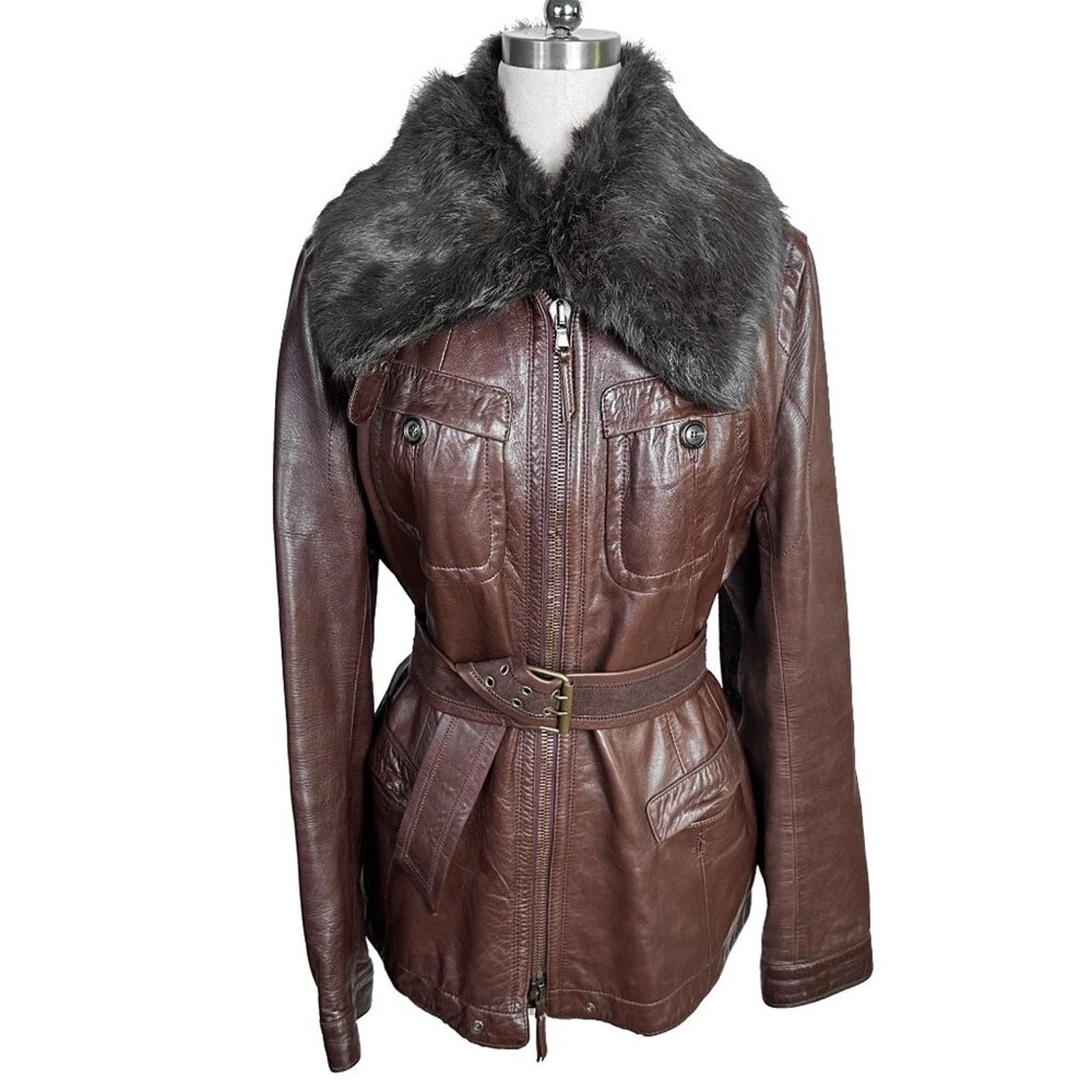 Vintage Donna Karan Black Label Lambskin Leather Fur Collar Belted Jacket 12